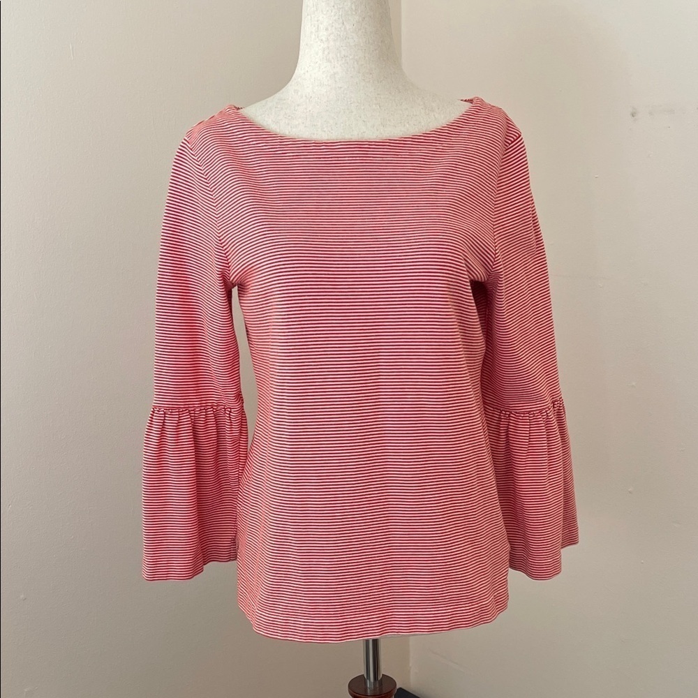 J.Crew Red White Stripe Bell Sleeve Cotton Knit Top Boatneck Small 100% Cotton